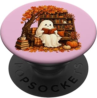 Cute Ghost Reading Book Fall Autumn Pumpkin Library Art PopSockets Adhesive PopGrip