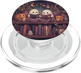Cute Ghosts Reading Books Halloween Purple Moon Boho Art PopSockets PopGrip for MagSafe