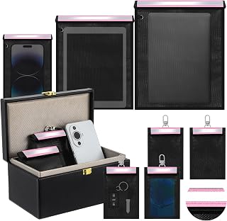 Dansydaisy Key Storage Box & Protective Pouches Set (8 Pack) for Car Key Fob, Phone, Tablet & Wallet &ndash; Waterproof, Fireproof Travel Organizer Case, Portable Storage Kit(Pink)
