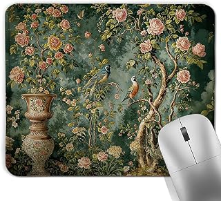 Dark Green Chinoiserie Floral Bird Square Mouse Pad, Vintage Cottagecore Romantic Rose Garden Landscape Mousepad Mat for Home Office Computer Gaming Desk Accessories 9.5x7.9 in