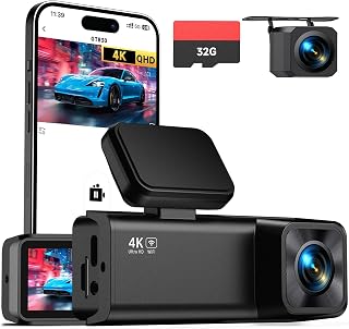 Dash Cam Front and Rear, 4K+1080P Dual Camera for Cars, 32GB Card Included | 1.97" IPS Screen, Wi-Fi App, Night Vision, 160&deg; Wide Angle, WDR, G-Sensor, Loop Recording, 24H Parking Mode, Quick Setup Kit
