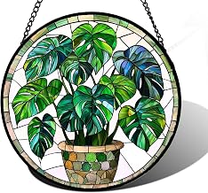 DASTOLL Stained Glass Window Hanging, Green Plant Monstera t Suncatcher Diamond Colorful Glass Panel Sun Catchers Decor for Birthday for Women, Men, Wife, Aunt, and Mom 7.8 in