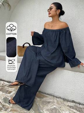 Dazy Plus Dark Wash Denim  Pieces Set, Off-Shoulder Loose Denim Top And Wide Leg Jeans, Spring/Autumn $43.89 #OversizedFits