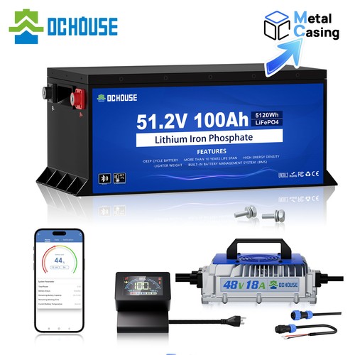 DC HOUSE 48V 100Ah LiFePO4 Lithium Golf Cart Battery with 48V 18A Charger