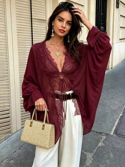DEEKA Autumn New Women's European And American Style Fashion Minimalist Contrast Lace Blouse Red