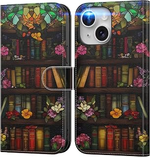 DEENAKIN for iPhone 13 Mini Wallet Case with Card Holder + Cash Clip, RFID-Blocking, Military-Grade Drop Protection, Magnetic Closure with Leather Kickstand - Bookshelf Flowers