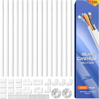 Delamu 236in Cord Hider, Professional Cable Cover Kit for Wall, TV Wire Hider for Wall Mounted TV, Raceway Cover on Management Wires, Cable Concealer, 1.18'' H x 0.60'' W, White