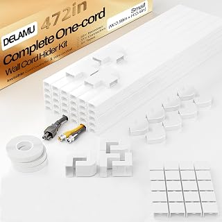 Delamu Cord Hider, 472in Cord Covers for Wires on Wall, One-Cord Cable Hider, Self-Adhesive Wire Hiders Wire Covers for TV Cords on Wall, Paintable Baby Monitor Proof Cord Cover, W0.59 H0.4in, White