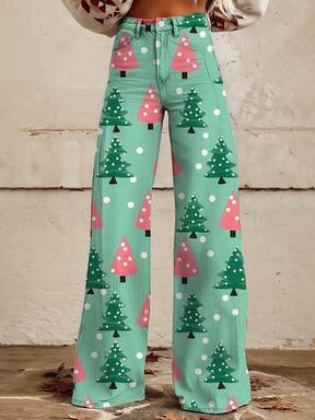 [Denim Print/Imitation Denim] Women's Pink & Green Christmas Tree D Print Imitation Denim Wide-Leg Pants - Regular Fit Winter Trousers For Casual Outfits, Holiday Party Attire & Festive Outings (Denim Fabric) $25.76 2% OFF