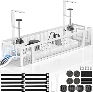 Under Desk Cable Management Tray, 15.75" No Drill Cable Management White, | Heavy Duty Metal Cord Organizer for Standing/Gaming Desk, Cable Management Under Desk Tray for Home and Office
