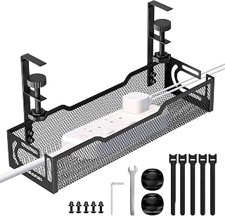 Under Desk Cable Management Tray, No Drill Mesh Cable Tray Cord Organizer | Wire Management Tray Cable Management Rack, Cable Management Box (Black)