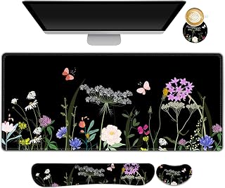 Desk Mat, Gaming Mouse Pad Wrist Rest Support Weeds, XXL Large Mousepad + Keyboard Wrist Support +Mouse Wrist Rest+Coaster Set with Ergonomic Design 4in1 for Home Office, Black Garden Flower