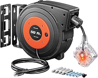 DEWENWILS 6 Grounded Outlets Retractable Extension Cord Reel, 50FT Heavy Duty Power Cord, Llluminatedn/off Switch, Wall/Ceiling Mounted for Garage, Workshop, ETL Listed