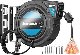 DEWENWILS Electric Cord Reel with Twist-lock Stopper, ETL Listed, Black | Lighted Triple Outlet, 14/3C SJTOW, 13A Circuit Breaker, 180° Swivel Bracket, Ceiling/Wall Mount, Ideal for Garage, Workshop