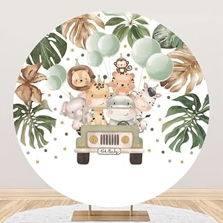Diameter 6ft Safari Jungle Animal Baby Shower Round Backdrop Cover Cute Wild Animals on Truck Palm Leaves Baby Newborn Circle Background Zoo Safari Kids 1st Birthday Party Circle Background