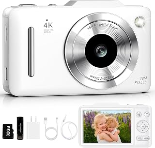 Digital Camera 4K Autofocus Vlogging Camera for Photography with 16X Zoom Anti Shake, 32GB Card, 48MP Compact Portable Point and Shoot Camera Gift for Kids Boys Girls Beginner（White）
