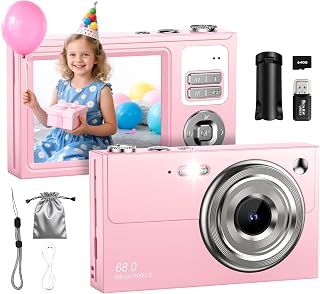 Digital Camera for Kids & Beginners 64GB SD Point and Shoot Digital Cameras | Compact pink digital camera & vlogging camera for kids. Durable drop-resistant design with tripod & 16X zoom for travel.