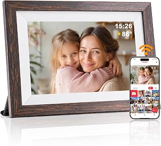 Digital Picture Frame, 10.1" Frameo Digital Frame WiFi with 1280x800 HD IPS Touch Screen, Auto-Rotate, Wall Mountable, Instant Share Photos & Videos from Phone via App, Brown Wood