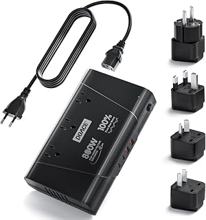 DOACE Universal Travel Adapter: 220V to 110V Pure Sine Wave, EU Step-Down Transformer for 200+ Countries, 3 Outlets & 4 USB, Compatible with Phones, Hair Straighteners (Black, 800w)