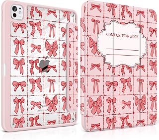 DONGKE for iPad Pro 11-Inch Case (M5 2025 / M4 2024), 6th/5th Generation, [Auto Sleep/Wake & Pencil Pro Holder] Clear Acrylic Back Smart Trifold Stand Cover, Bow Composition Book