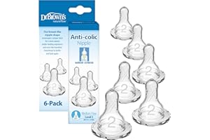 Dr. Brown&rsquo;s Natural Flow Level 2 Narrow Baby Bottle Silicone Nipple, Medium Flow, 3m+, 100% Silicone Bottle Nipple, 6 Count