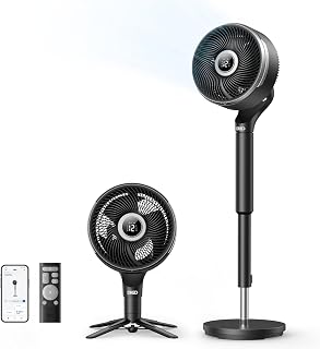 DREO Smart Fan for Bedroom, standing 150&deg; +100&deg; Omni-Directional Oscillating Fans, 120ft CirculAir Quiet Fan with DC Motor, 12 Speeds, 6 Modes, 20dB,Remote Control, 12H Timer