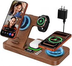 Dual Phone Magnetic Wireless Charging Station for Apple Devices, 7-Color Auto Light & 12H Clock, Multi-Device Charger for iPhone 17/16/15, for iWatch 11/10/9 & AirPods Pro3(Wood
