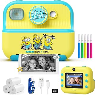 DUDUDRAGON Kids Instant Camera, Minions Design Print Camera, Despicable Me Toy with Front & Rear Dual Selfie Lens, 1080P Video, Portable Toddler Camera, Birthday Gift for Boys Girls Ages 3-12, Yellow