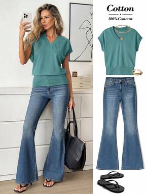 Easowa Women's Solid Color V-Neck Waist-Cinching Simple Casual Versatile Everyday Office Home T-Shirt Teal Green Summer Travel  Flash Sale