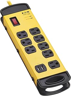 Eaton Tripp Lite series TLM825USB Heavy Duty Power Strip with Surge Protection & 2 USB Ports, 8 Outlets, 25ft Cord, 1960 Joules, Yellow Metal, Under Desk & Wall Mountable, Cord Wrap, Industrial Garage