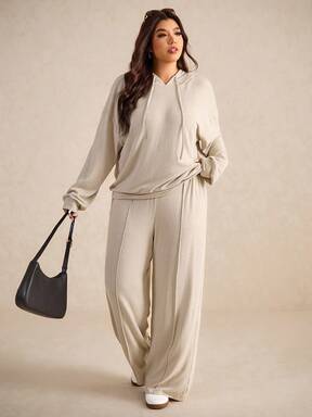 Elaquor Plus Size Solid Color Minimalist Casual Hoodie Long Sleeve Top And Pants  Pieces Set Fall $10.84 #LaidbackHoodies