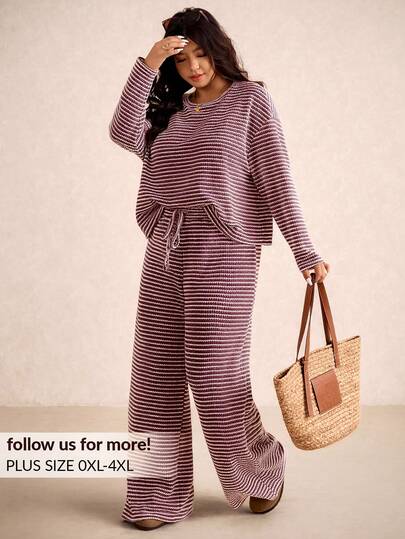 Elaquor Plus Size Women Crew Neck Drop Shoulder Long Sleeve Burgundy Loose Top Pants  Pieces Lounge Sets Autumn Smart Casual Traditional Vacation Fall $7.49