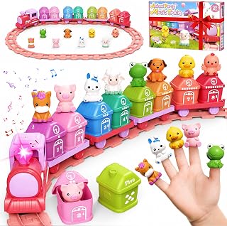 Electric Train Set for Toddlers 2-4 with Farm Animals, Music & Lights, Pink | Montessori Counting & Sorting Train Toy, 37 Pieces with 8 Farm Animal Finger Puppets and Numbered Barns for Toddler Girls