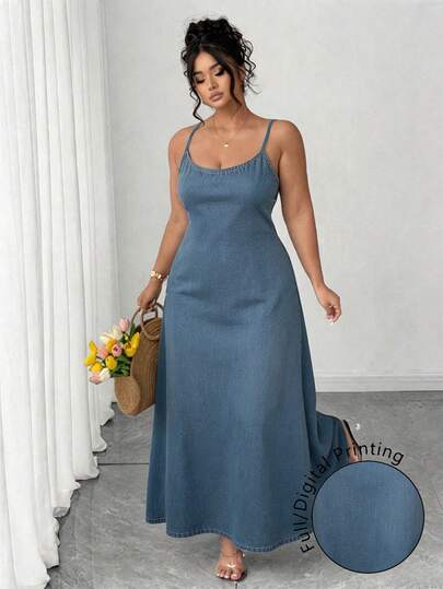 Elenzga Plus Size Minimalist Blue Spaghetti Strap Dress