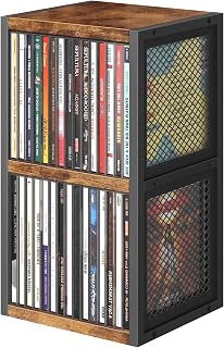 ELITEROO CD Holder Desk Rack Organizer, Wooden CD Storage Stand Holds up to 30 Cd Cases, 2 Tier CD Tower with Mesh Sides, Retro Small CD Display Shelf for Theatre Room, Home Collectibles, Rustic Brown