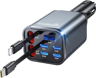 EloBeth 120W Retractable Car Charger,7-in-1 Car Charger USB C Fast Charge