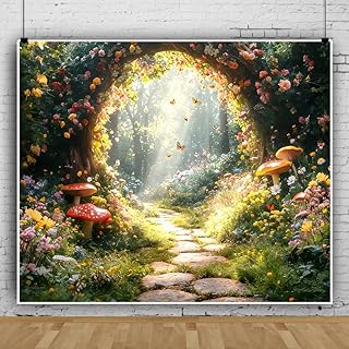 Enchanted Forest Backdrop 10x8ft Flower Arch Fairytale Garden Enchanted Forest Backdrops for Photoshoot Butterfly Mushroom Fairy Photography Background for Party Decorations Wall Studio Photo Props