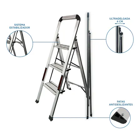 Escalera Black + Decker Plegable Dom&eacute;stica Slim 3 Escalones Aluminio 150kg