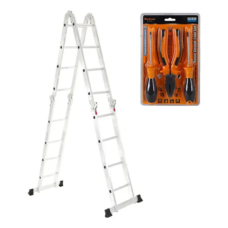 Escalera De Aluminio 16 Escalones 4x4 + Set De Herramientas De Regalo Articulada Multiproposito Gardenlife Gris