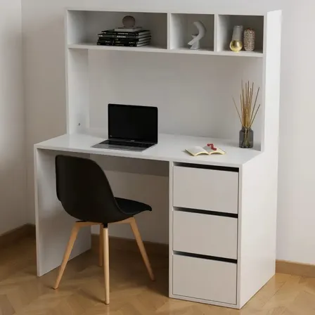 Escritorio Con Alzada 120cm 3 Cajones Estante Organizador Melamina Moderno Home Office Habitaci&oacute;n Trabajo Blanco F&aacute;cil Limpieza Resistente Alta Capacidad Eca120 Dielfe