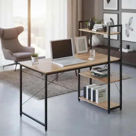 Escritorio Jazak Con Estantes Regulables / Oficina / Trabajo / Hogar / Diseno Industrial / Hierro / Gamer / Mesa / Biblioteca / Organizador / 130x60x74cm / Moderno / f&aacute;cil De Armar