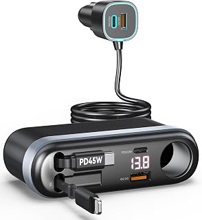 Estbuc 7-in-1 295W Retractable Car Charger Adapter, Fast Charging USB C Car Accessories with Cigarette Lighter Splitter, 45W Type-C & 30W Lightning Cables,4 USB Ports, Road Trip Tech Gifts for Men/Dad