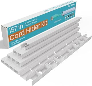 EVZA 157in Cord Hider for 1-2 Wire, Self Adhesive One-Cord Channel Cable Concealer, Paintable Cable Covers for TV Cords on Wall, Cable Raceway Kit for Extension Cord, Ethernet Cables, Speaker Wires