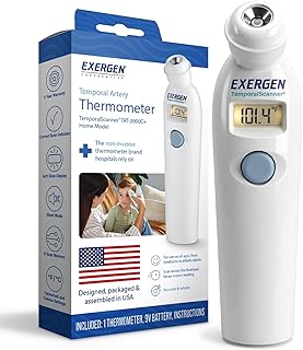 Exergen TAT-2000C+ Temporal Artery Thermometer, White, 9V Included | Thermometer For Adults, Kids, & Newborns | Soft Glow LCD, Silent Mode, 8 Memory Readings