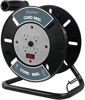 Extension Cord Reel with 4 Grounded Outlets, Heavy Duty Open Reel for 12/3 14/3 16/3 Power Cords, Portable Hand Crank Electric Roller Holder, Grey
