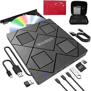 External CD Drive: an 8-in-1 DVD Player for Laptop Featuring USB*2 /C*2,TF/SD Card Reader.CD/DVD +/-RW Burner,Compatible with Windows 11/10/ 8/7/XP,Linux,Mac os. Comes with 1+4 Storage Bag