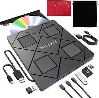 External CD/DVD Drive for Laptop, 8-in-1 USB3.0 DVD Player | Compatible Windows 11/10/8/7 Linux macOS, 2 USB-A & 2 USB-C Ports, TF/SD Card Reader, Includes 4 Disc Sleeves+Carrying Pouch