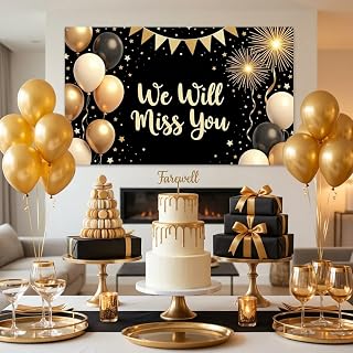 Farewell Party Banner, Gold Black We Will Miss You Backdrop for Retirement | Elegant gold black glitter theme, coworker farewell party, retirement celebration, office going away photo booth
