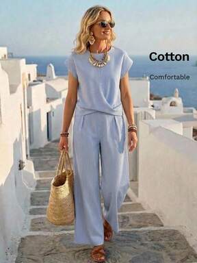 Faunlyn Women's Round Neck Cotton And Linen Light Blue And Top And Trousers Casual Tropical Everyday Vacation Two-Piece Set Summer Vacation Vacation  #SummerElegant