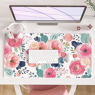Faux Leather Large Mouse Pad, Office Desk Mat, 31.5"x15.7", Pink Floral